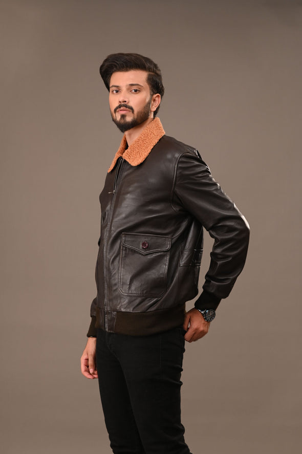 Fur Collar Black Leather Jacket - Men
