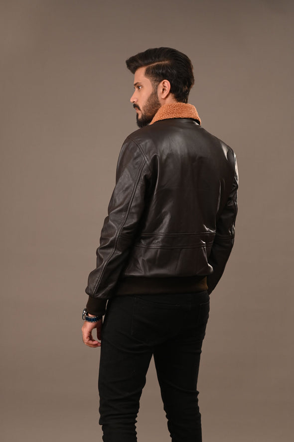 Fur Collar Black Leather Jacket - Men