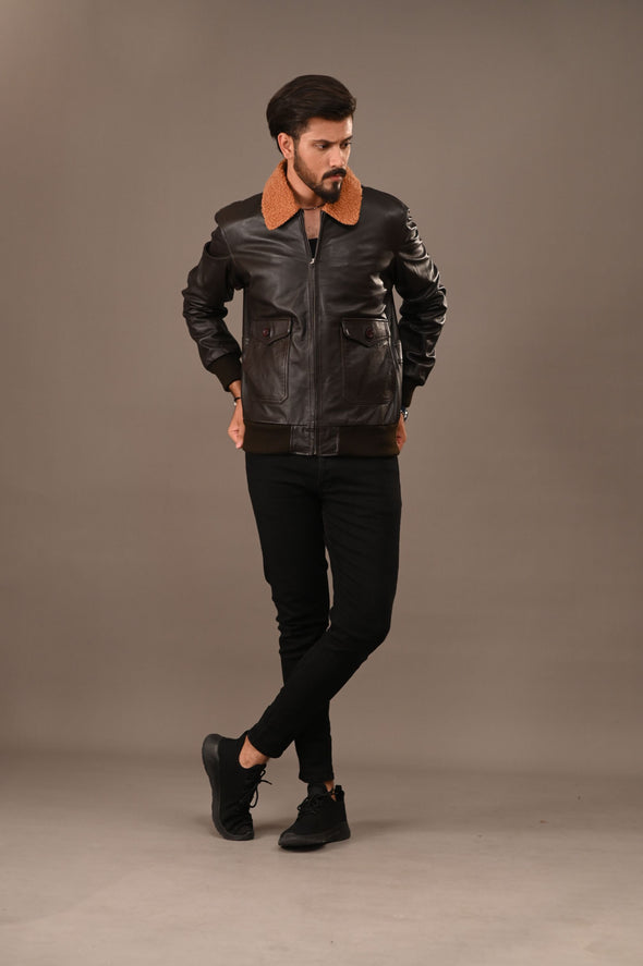 Fur Collar Black Leather Jacket - Men