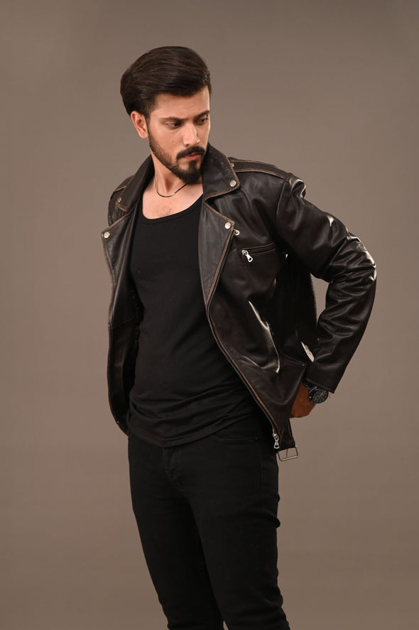 Black Rub Off Biker Jacket - Men