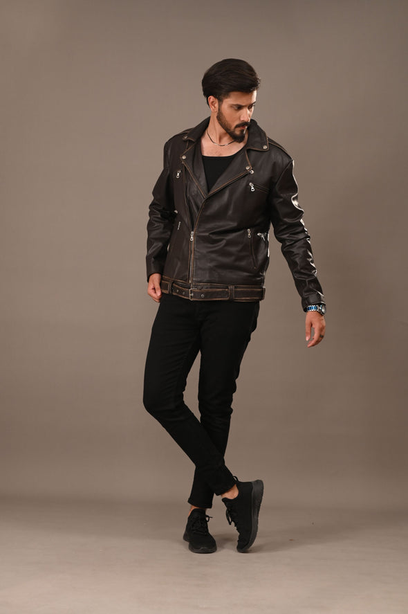 Black Rub Off Biker Jacket - Men