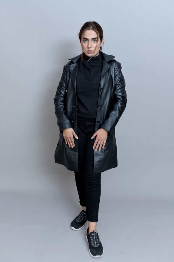 Black Leather Long Coat - Women
