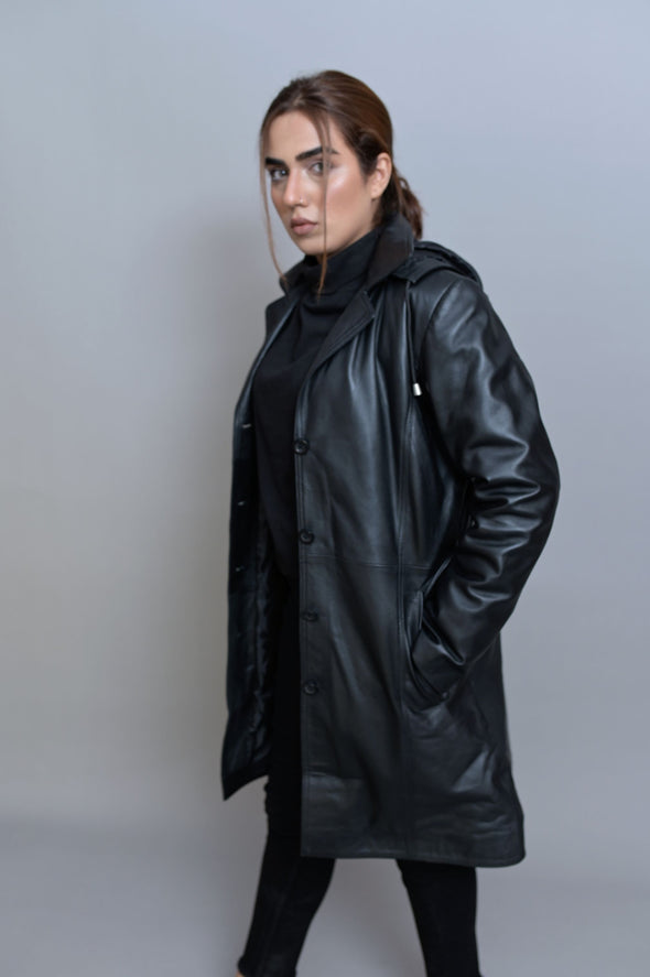 Black Leather Long Coat - Women