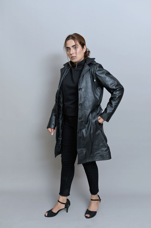 Black Leather Long Coat - Women