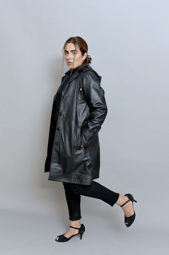 Black Leather Long Coat - Women