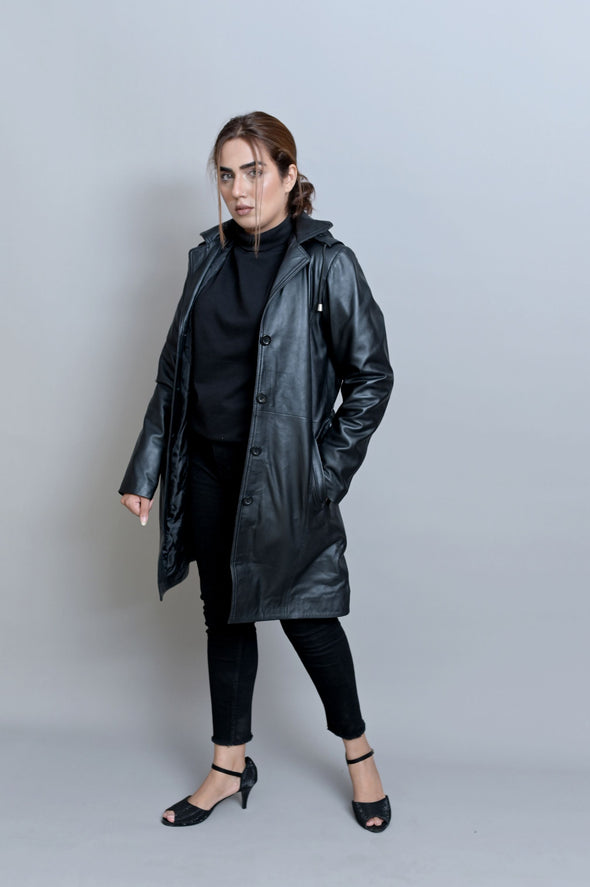 Black Leather Long Coat - Women