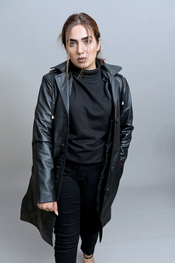 Black Leather Long Coat - Women