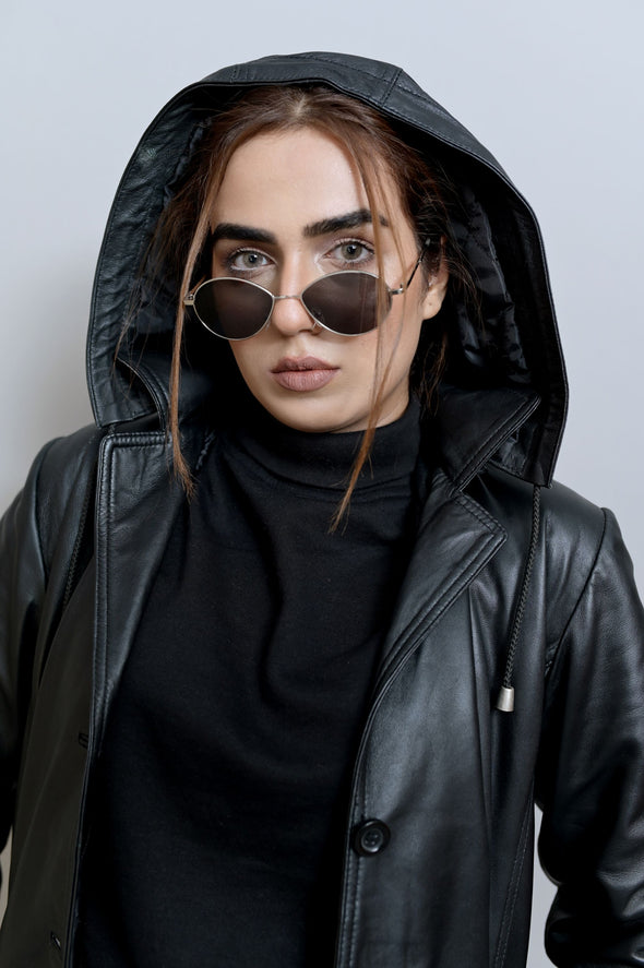 Black Leather Long Coat - Women
