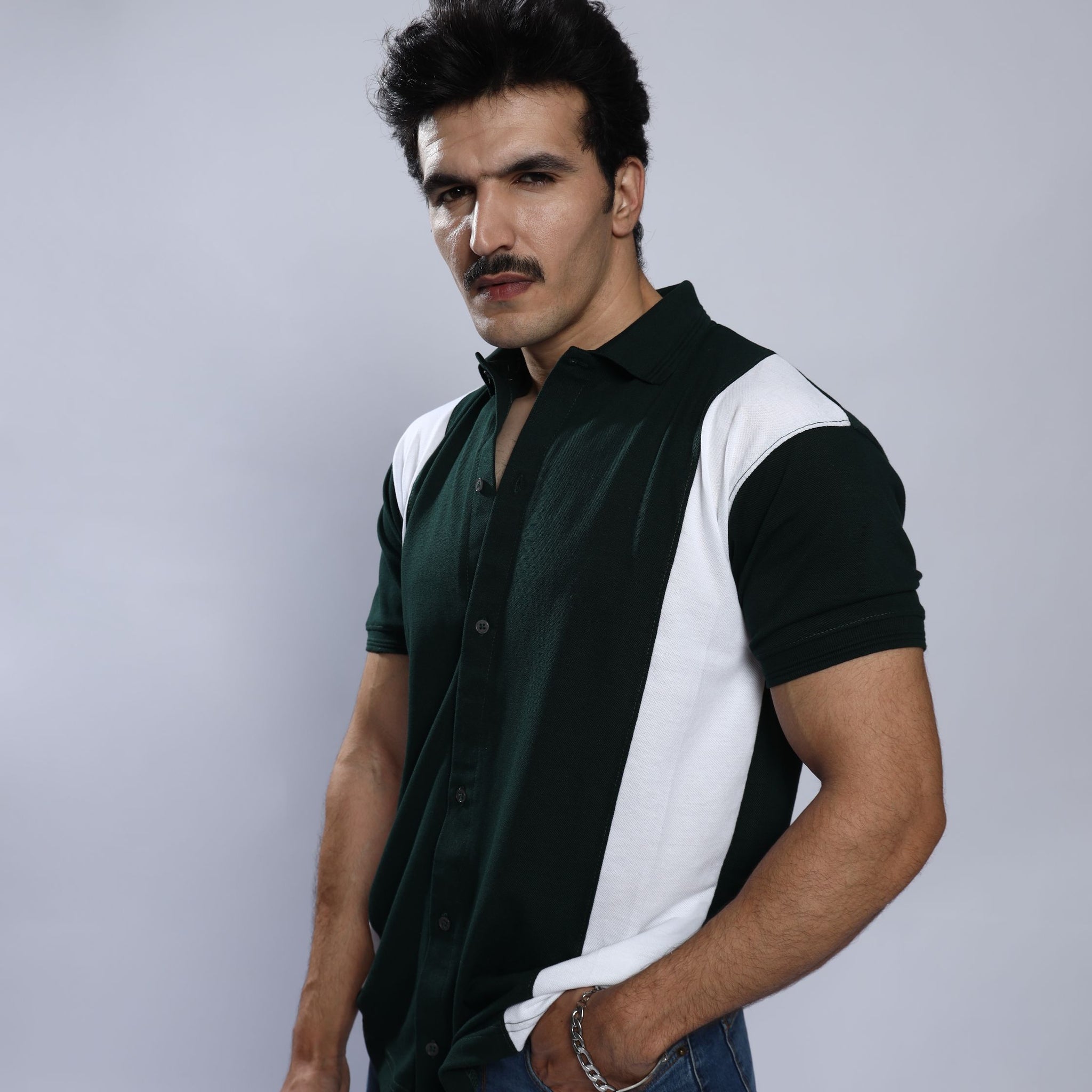 Bottle Green Pique Stripe Shirt