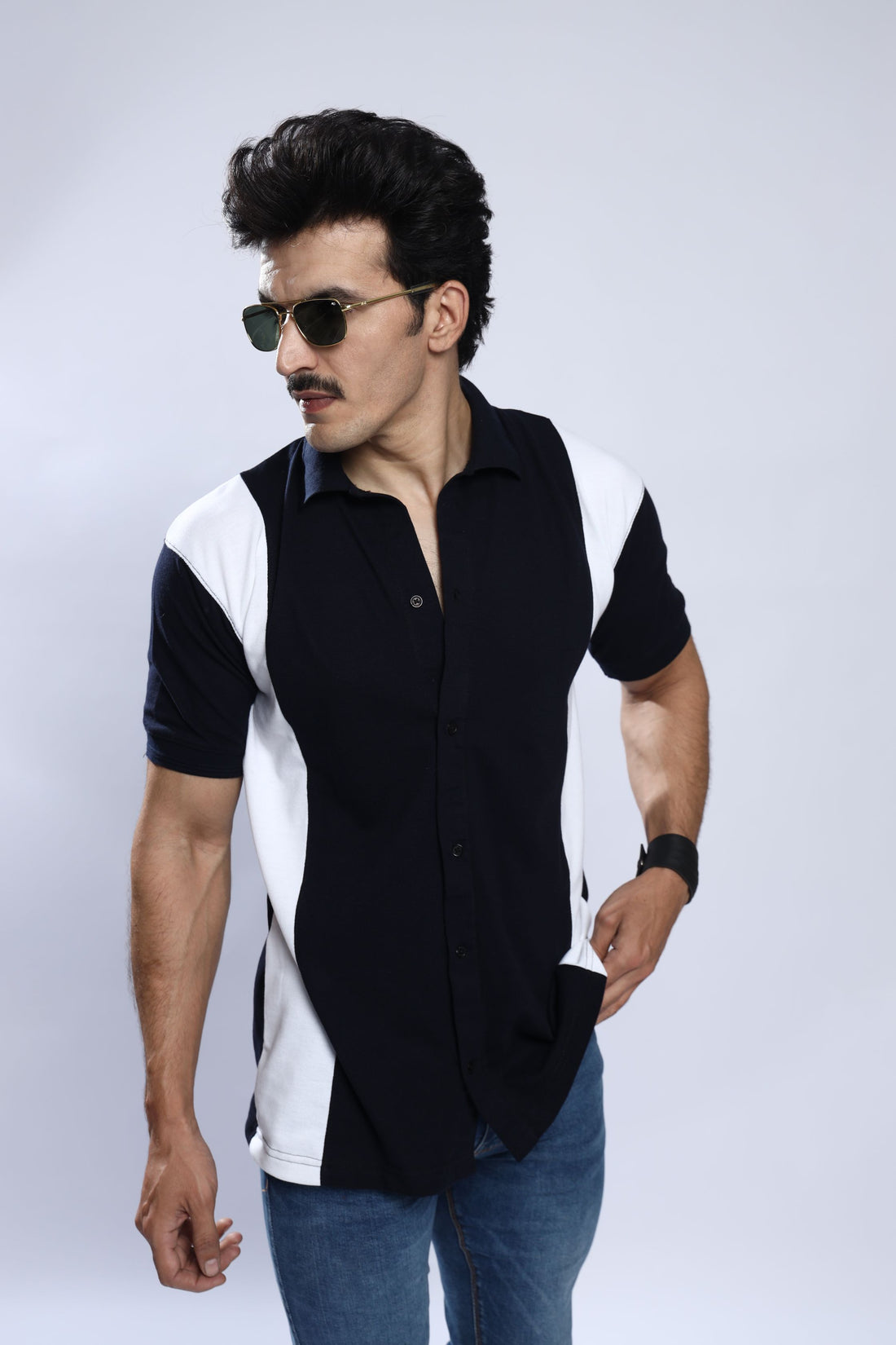 Navy Blue Pique Stripe Shirt