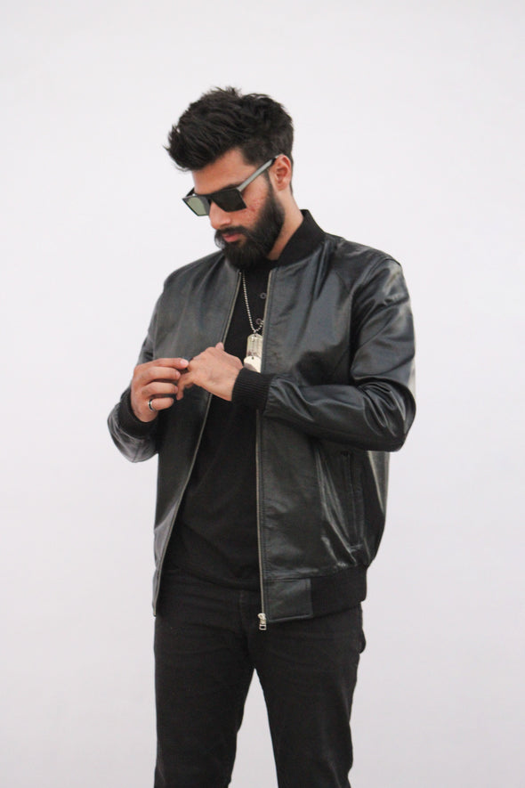 Black Bomber Leather Jacket - Men