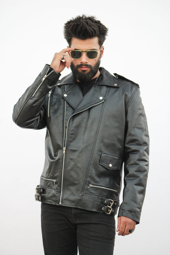 Black Biker Fur Leather Jacket - Men