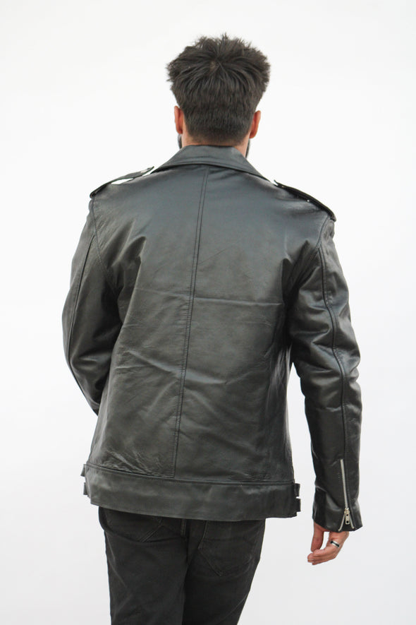 Black Biker Fur Leather Jacket - Men