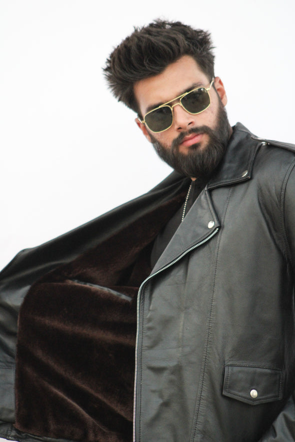 Black Biker Fur Leather Jacket - Men