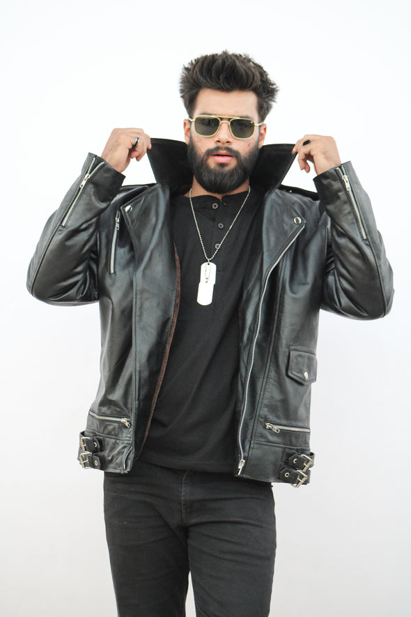 Black Biker Fur Leather Jacket - Men