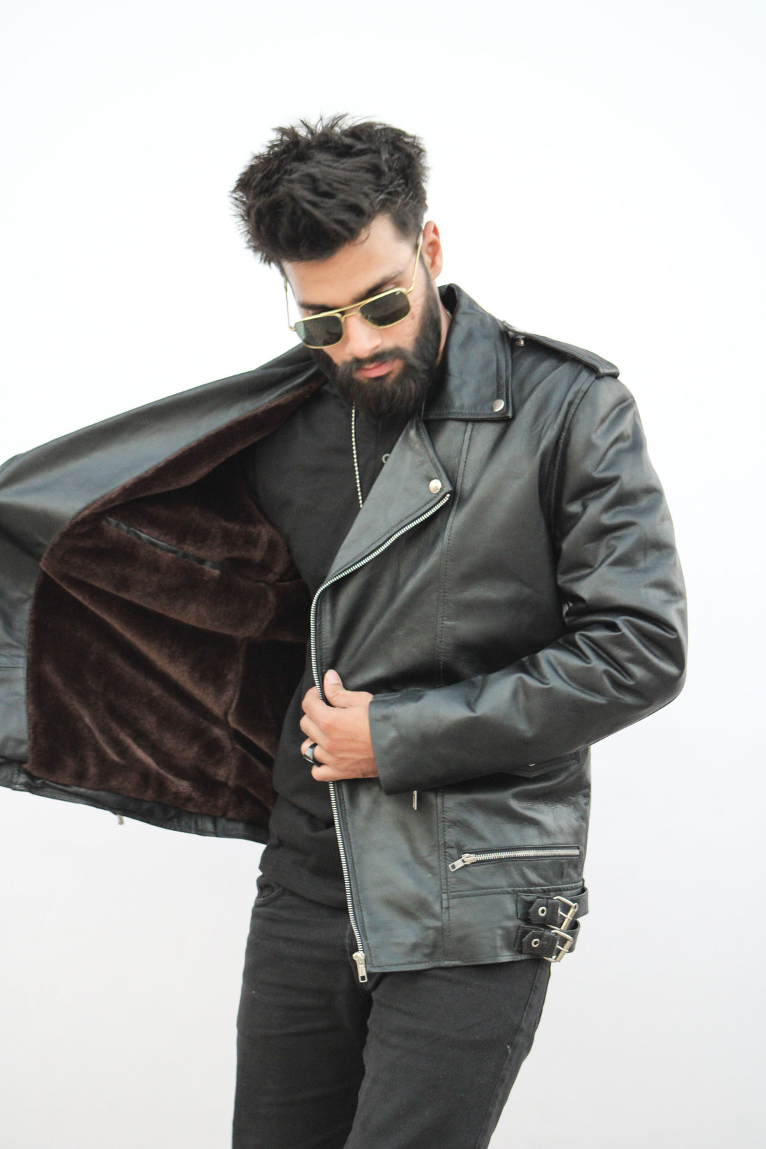 Black Biker Fur Leather Jacket - Men