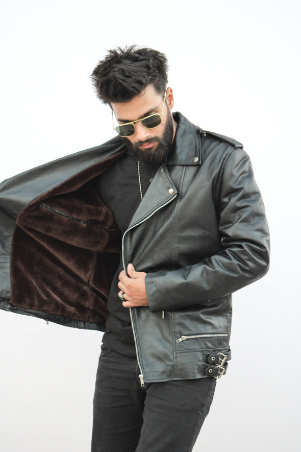 Black Biker Fur Leather Jacket - Men