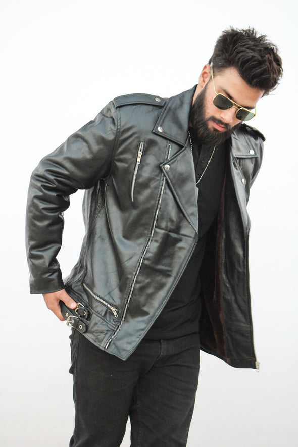 Black Biker Fur Leather Jacket - Men